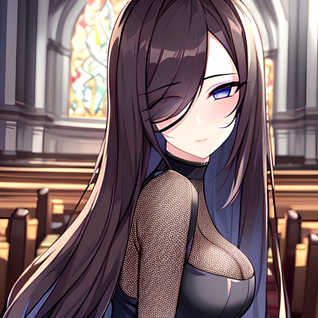 long hair fishnet woman messy hair brunette church 