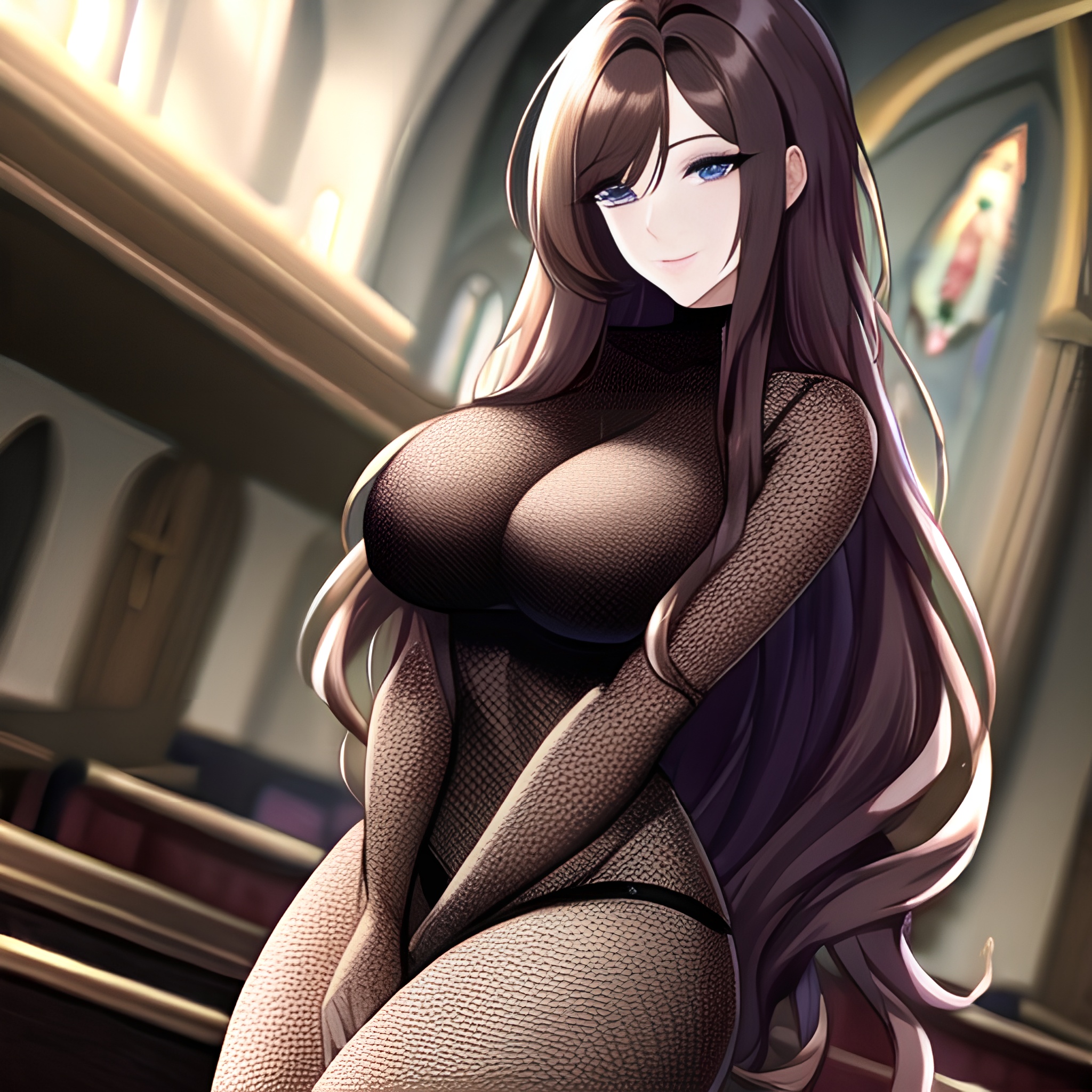 long hair fishnet woman messy hair brunette church 