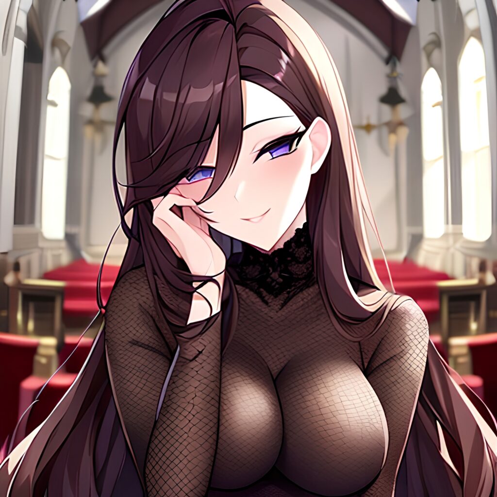 long hair fishnet woman messy hair brunette church