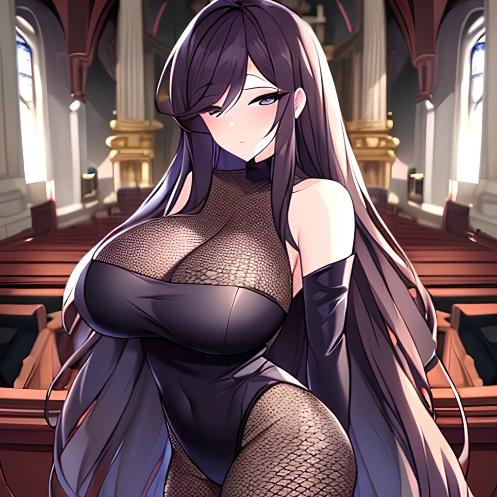 long hair fishnet woman messy hair brunette church 