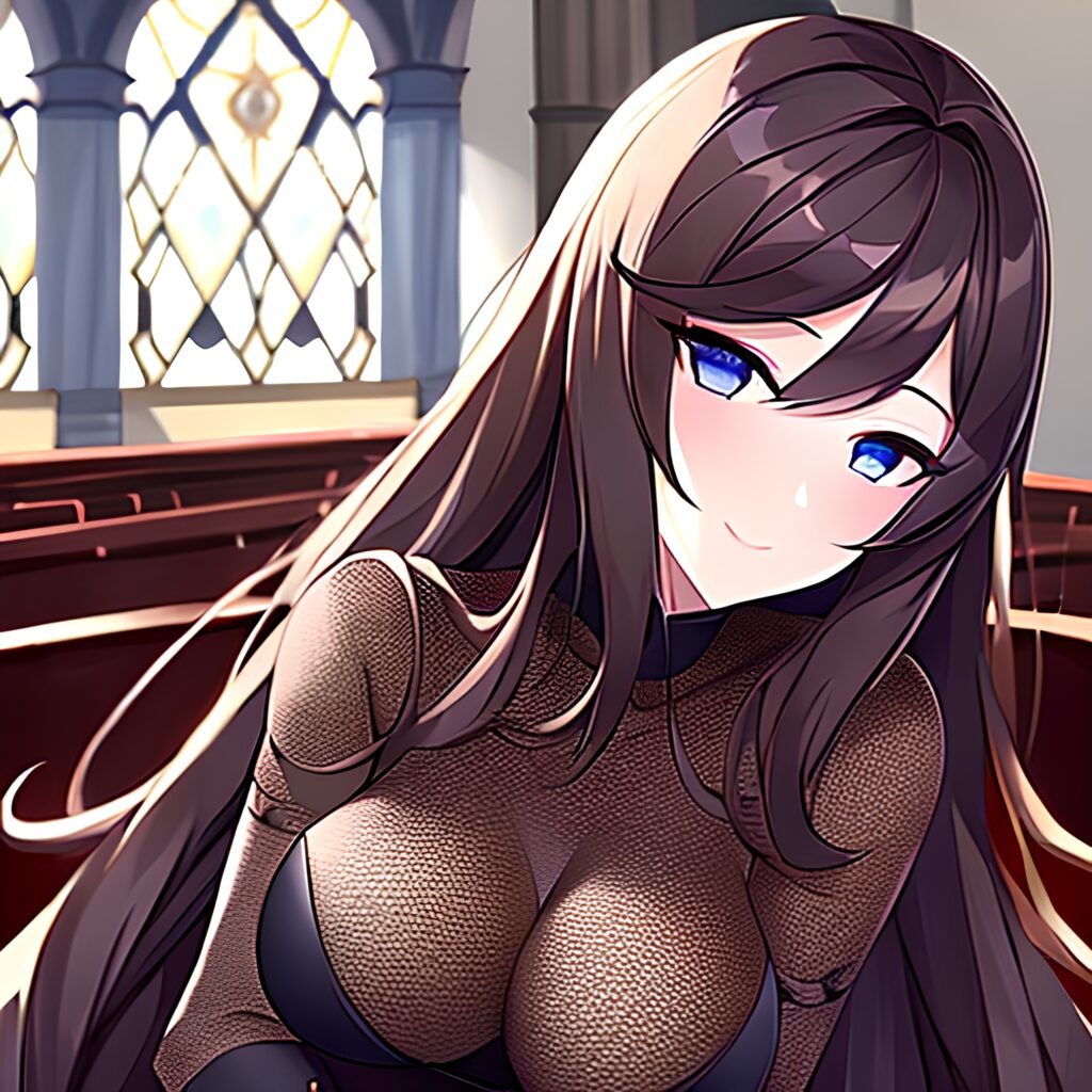 long hair fishnet woman messy hair brunette church 