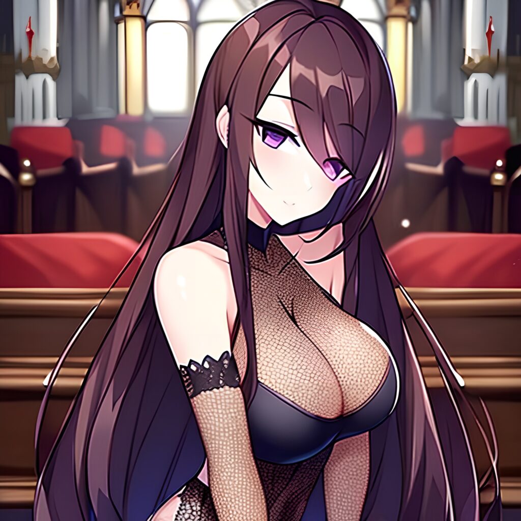 long hair fishnet woman messy hair brunette church 