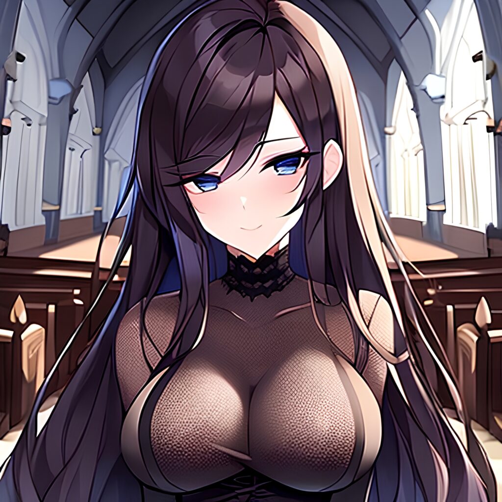 long hair fishnet woman messy hair brunette church 