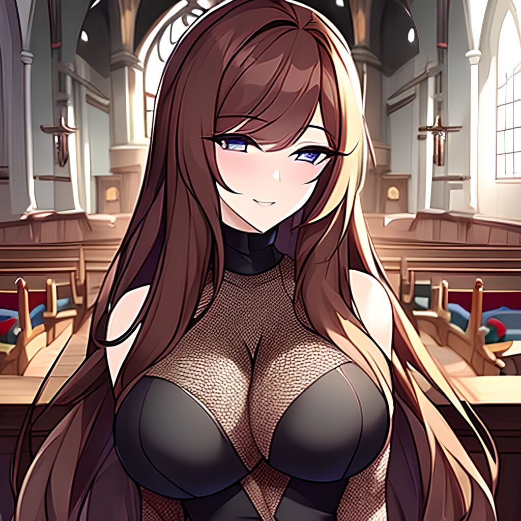 long hair fishnet woman messy hair brunette church 