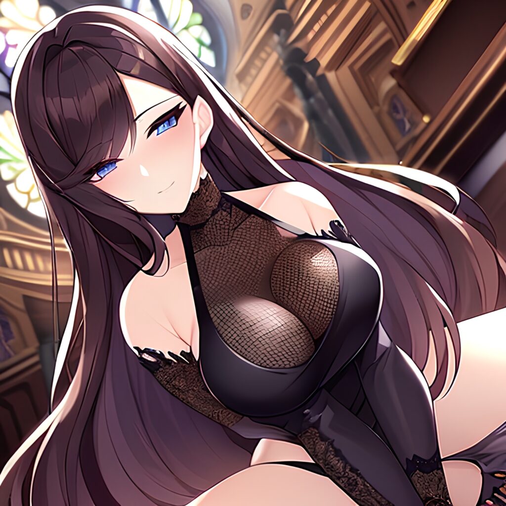 long hair fishnet woman messy hair brunette church 