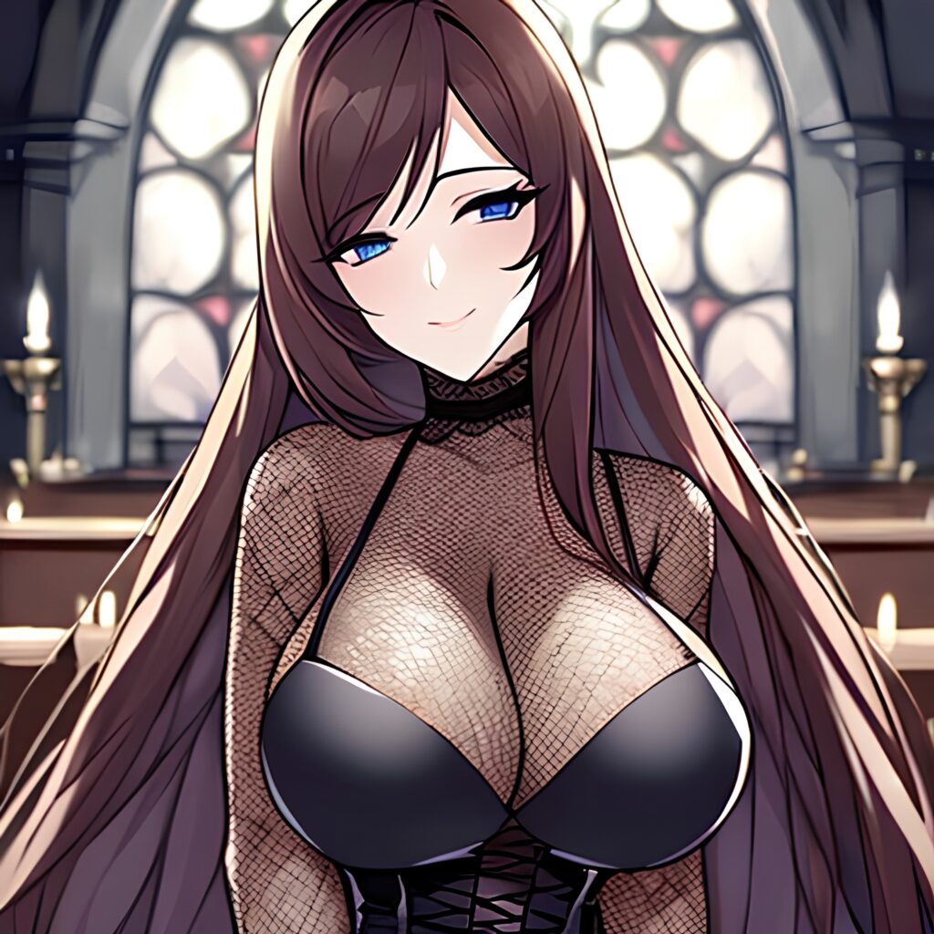 long hair fishnet woman messy hair church brunette 