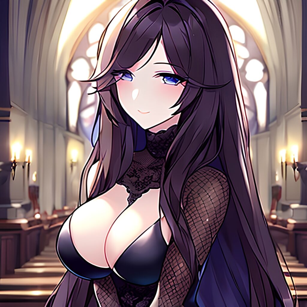 long hair fishnet woman messy hair church brunette