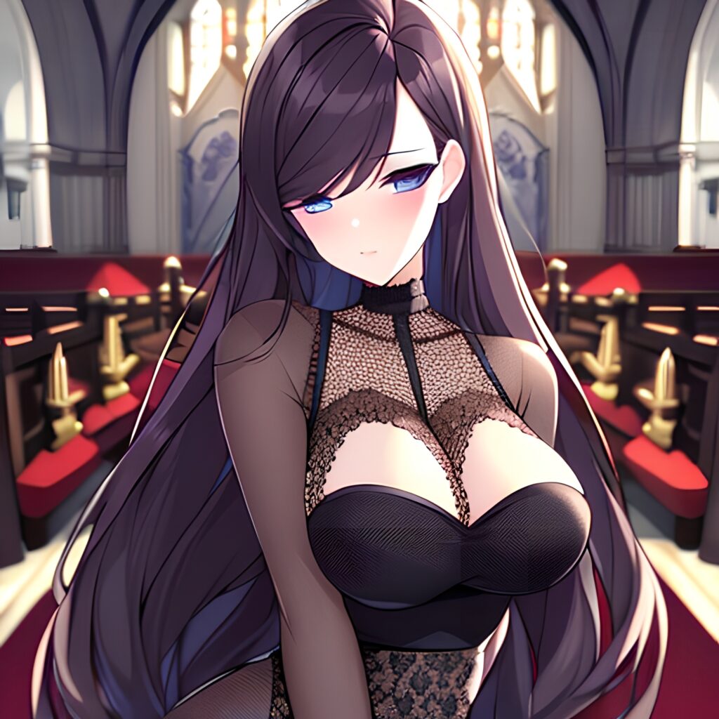 long hair fishnet woman messy hair church brunette 