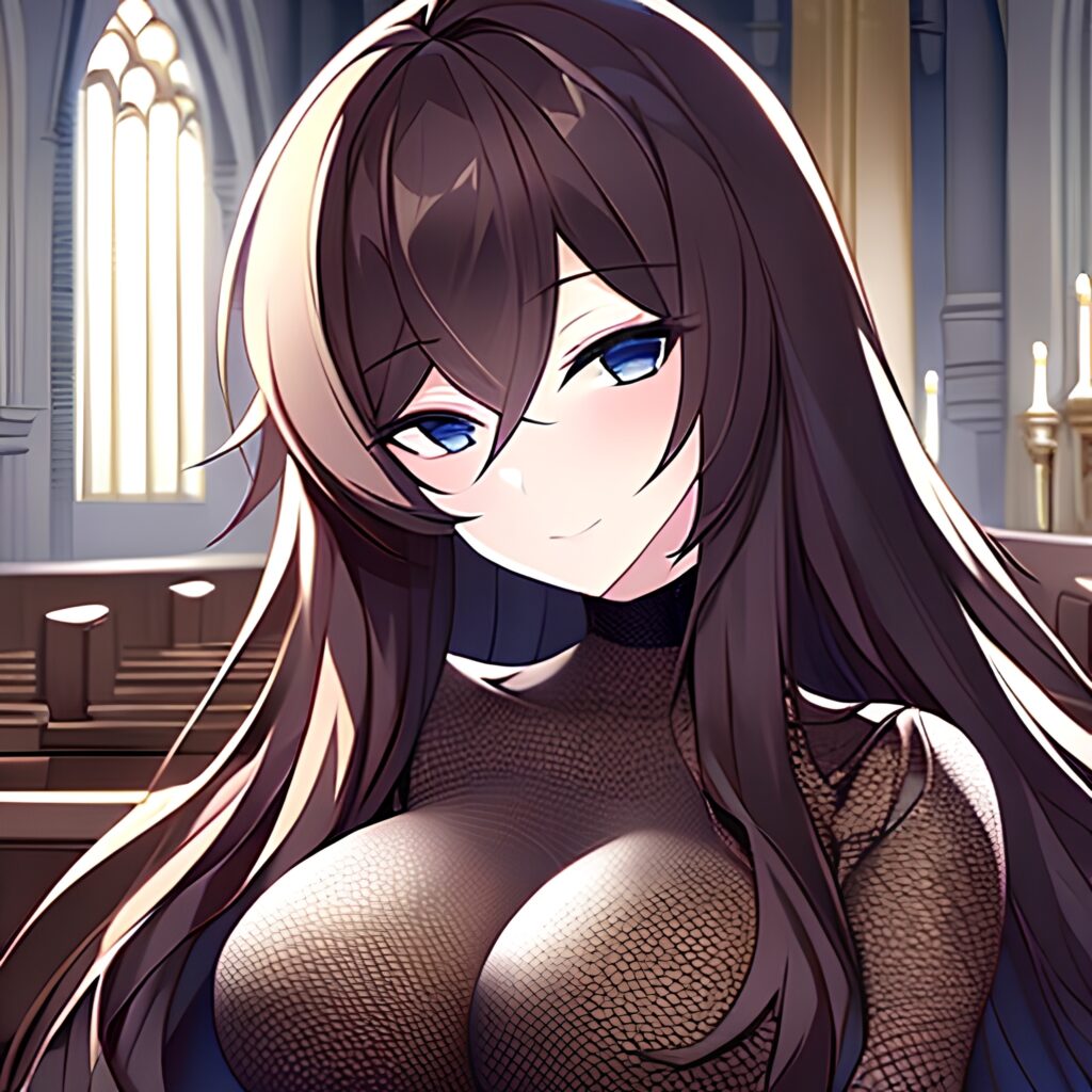 long hair fishnet woman messy hair church brunette 