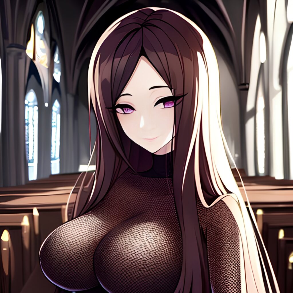 long hair fishnet woman messy hair church brunette 