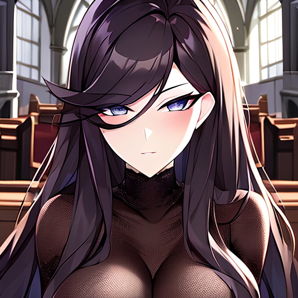 long hair fishnet woman messy hair church brunette 