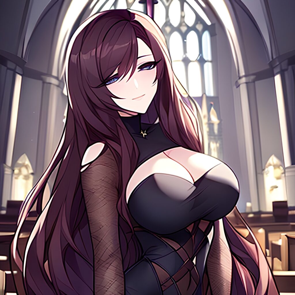 long hair fishnet woman messy hair church brunette