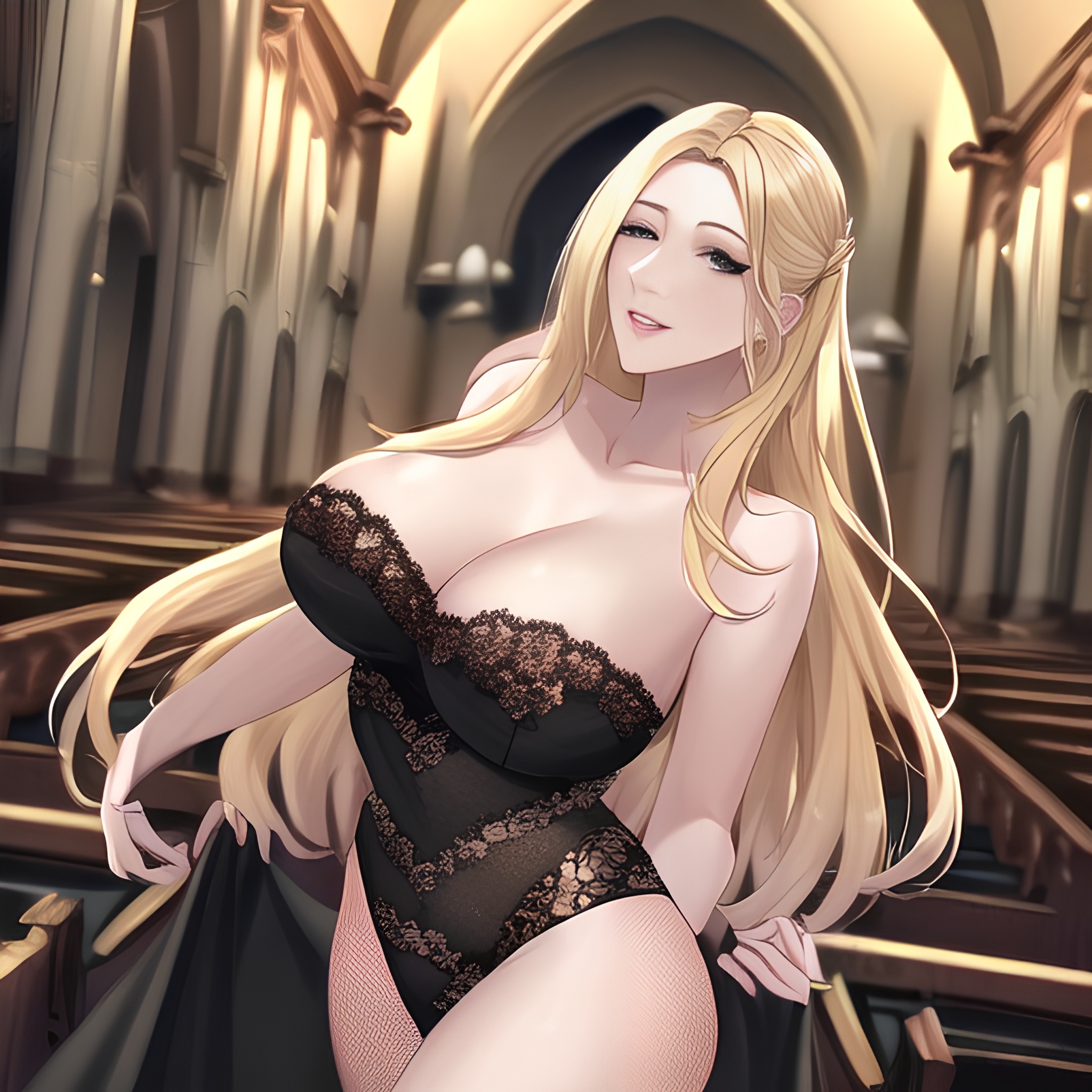 long hair front view blonde nude small boobs fishnet woman church 