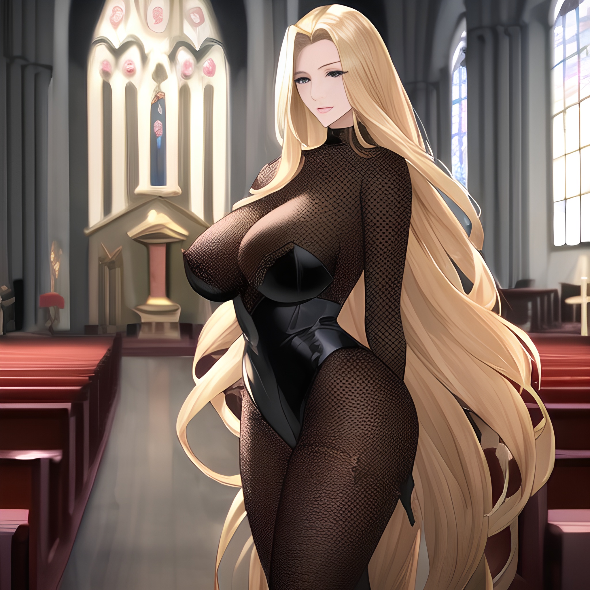 long hair front view fishnet woman small boobs church nude blonde 
