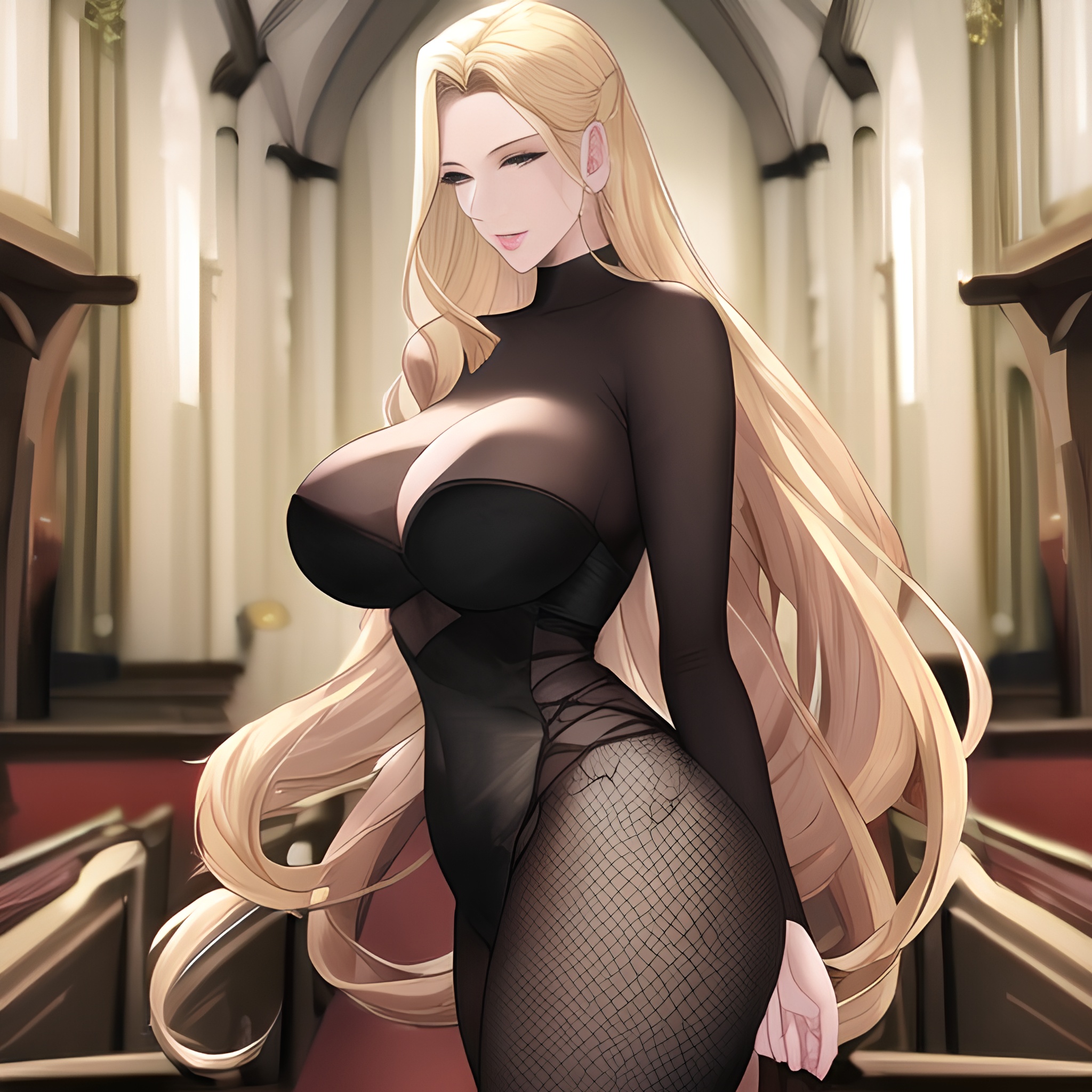 long hair front view fishnet woman small boobs church nude blonde