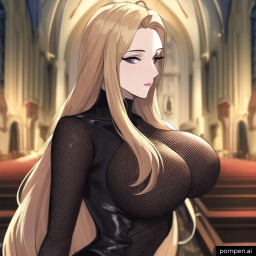 long hair front view small boobs church blonde nude woman fishnet 