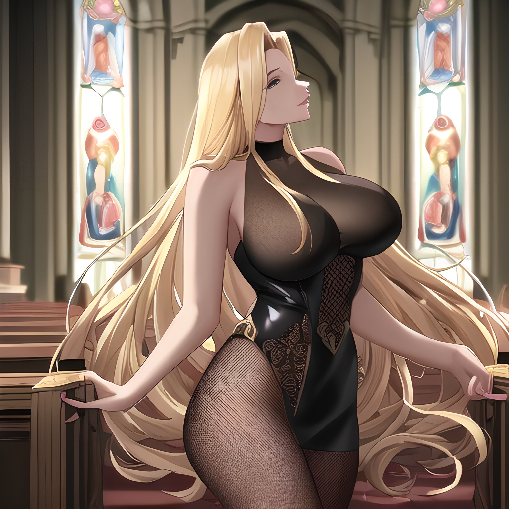 long hair front view small boobs church fishnet nude woman blonde 