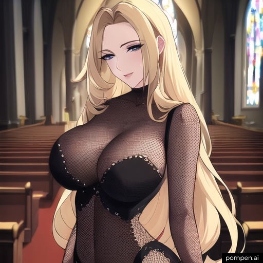 long hair front view woman nude small boobs church fishnet blonde 