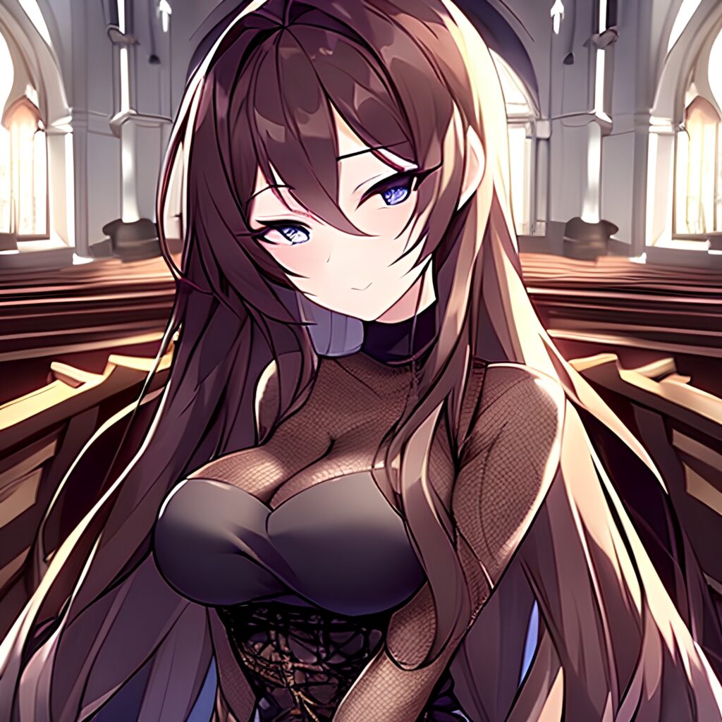 long hair messy hair brunette church fishnet woman 