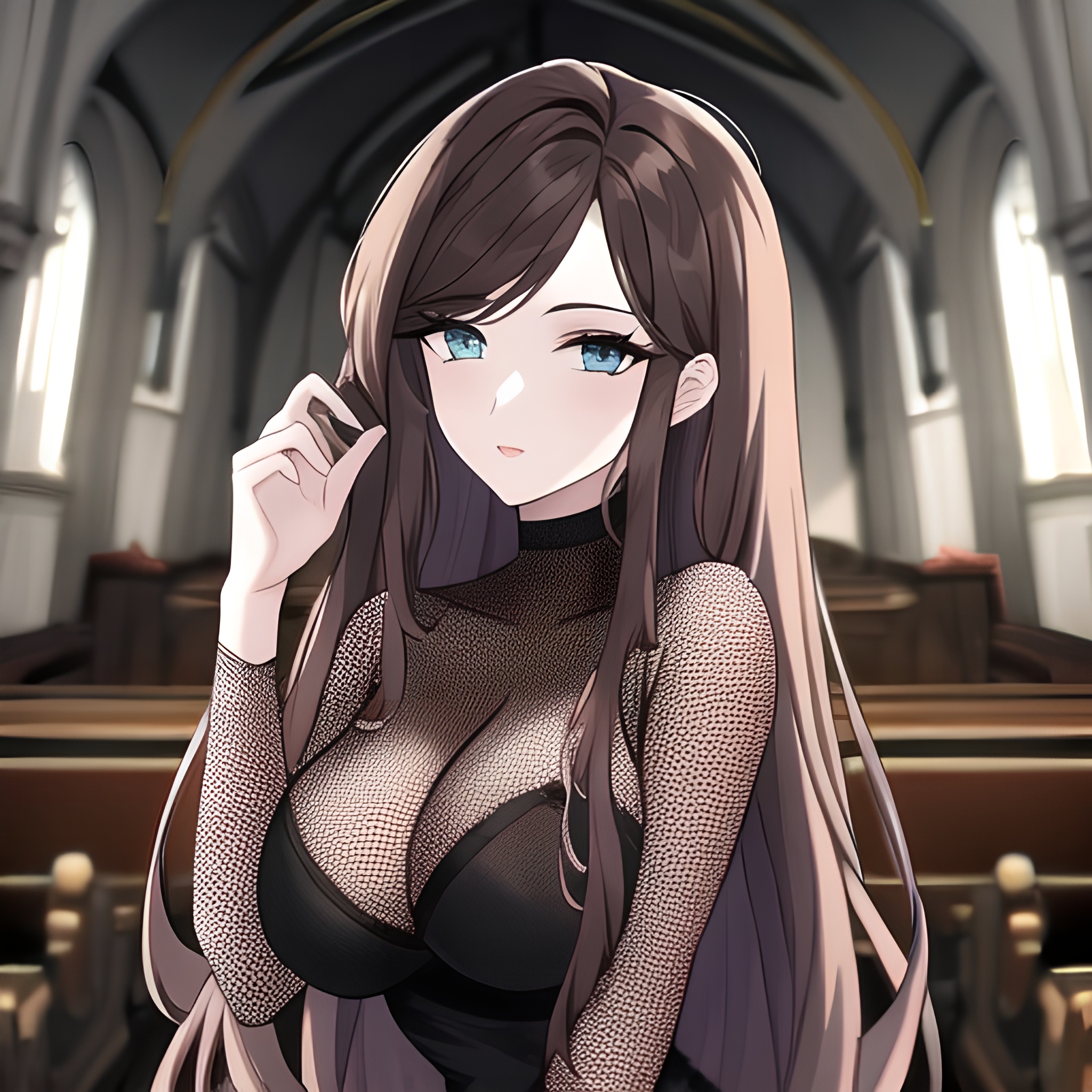 long hair messy hair brunette church woman fishnet 