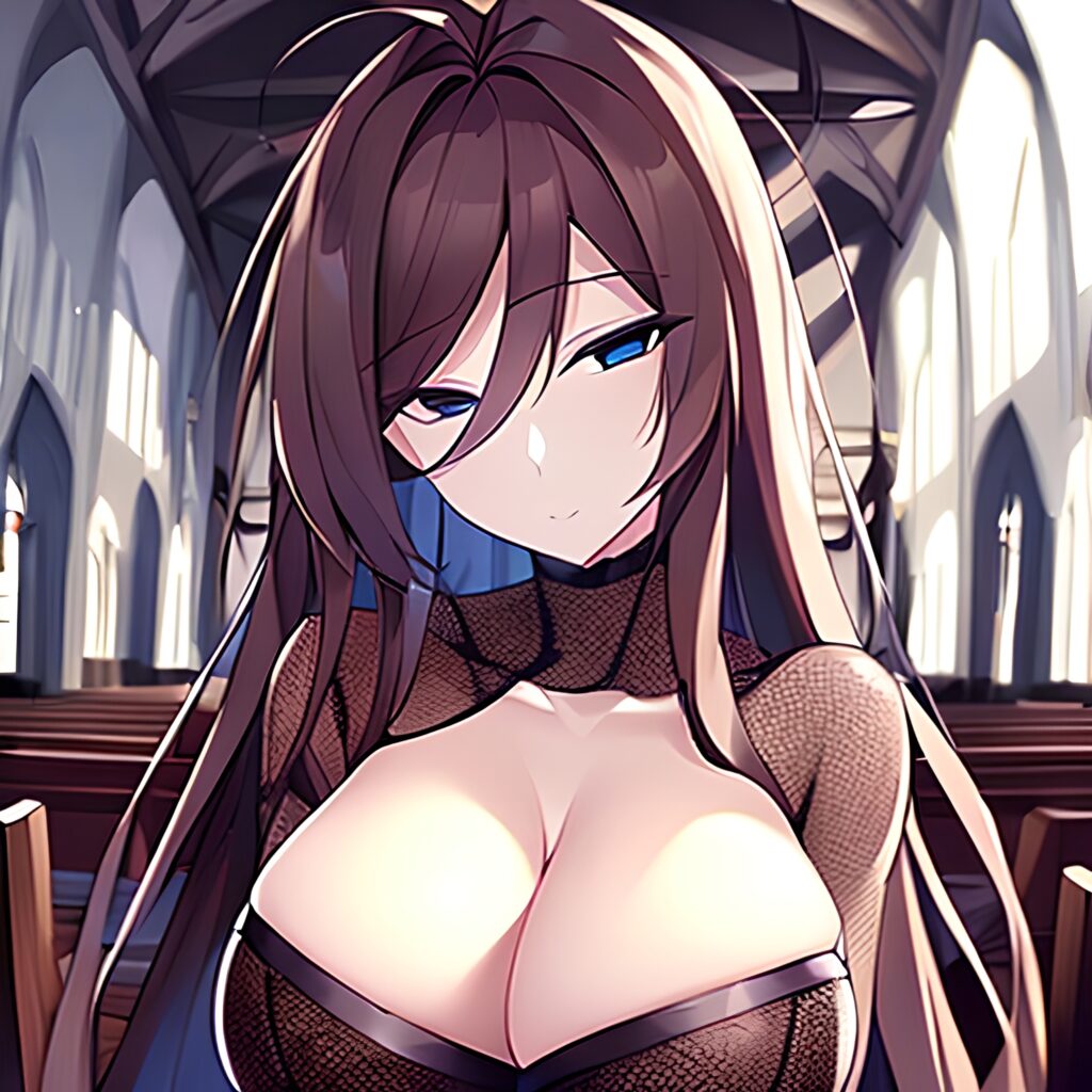 long hair messy hair brunette church woman fishnet 