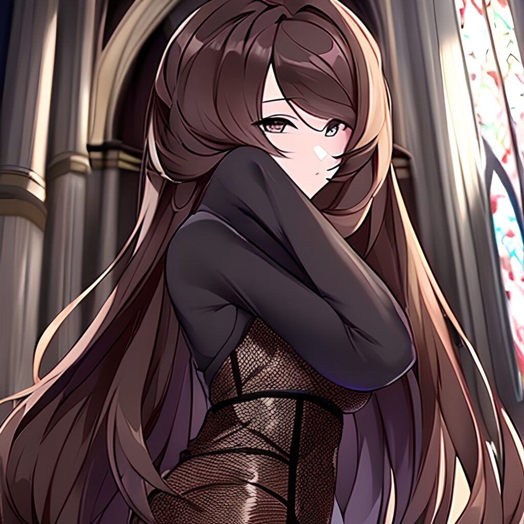 long hair messy hair brunette church woman fishnet