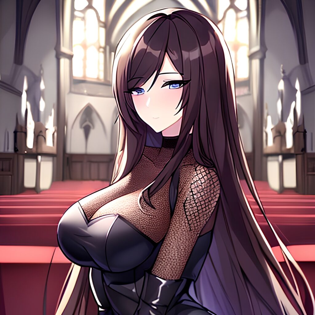 long hair messy hair brunette church woman fishnet 