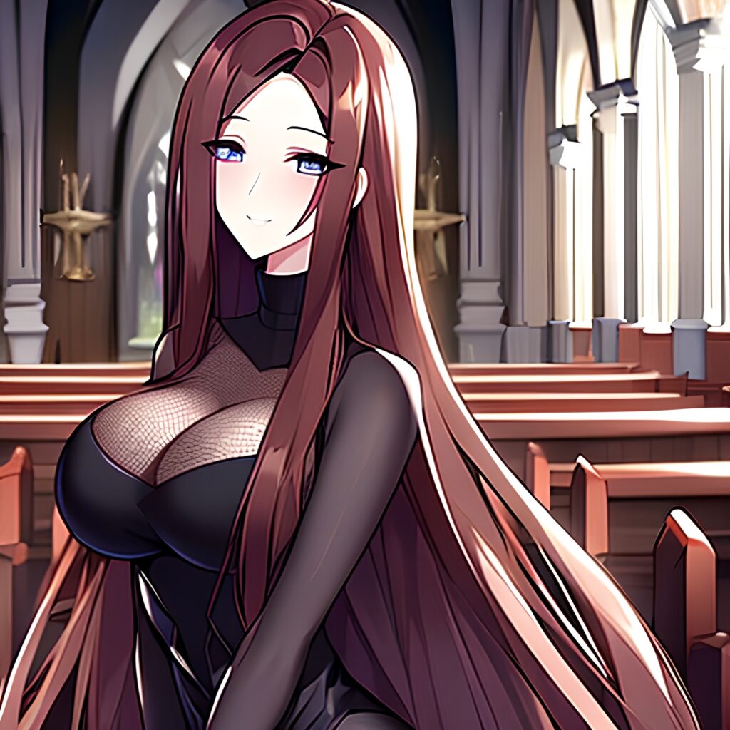long hair messy hair brunette church woman fishnet