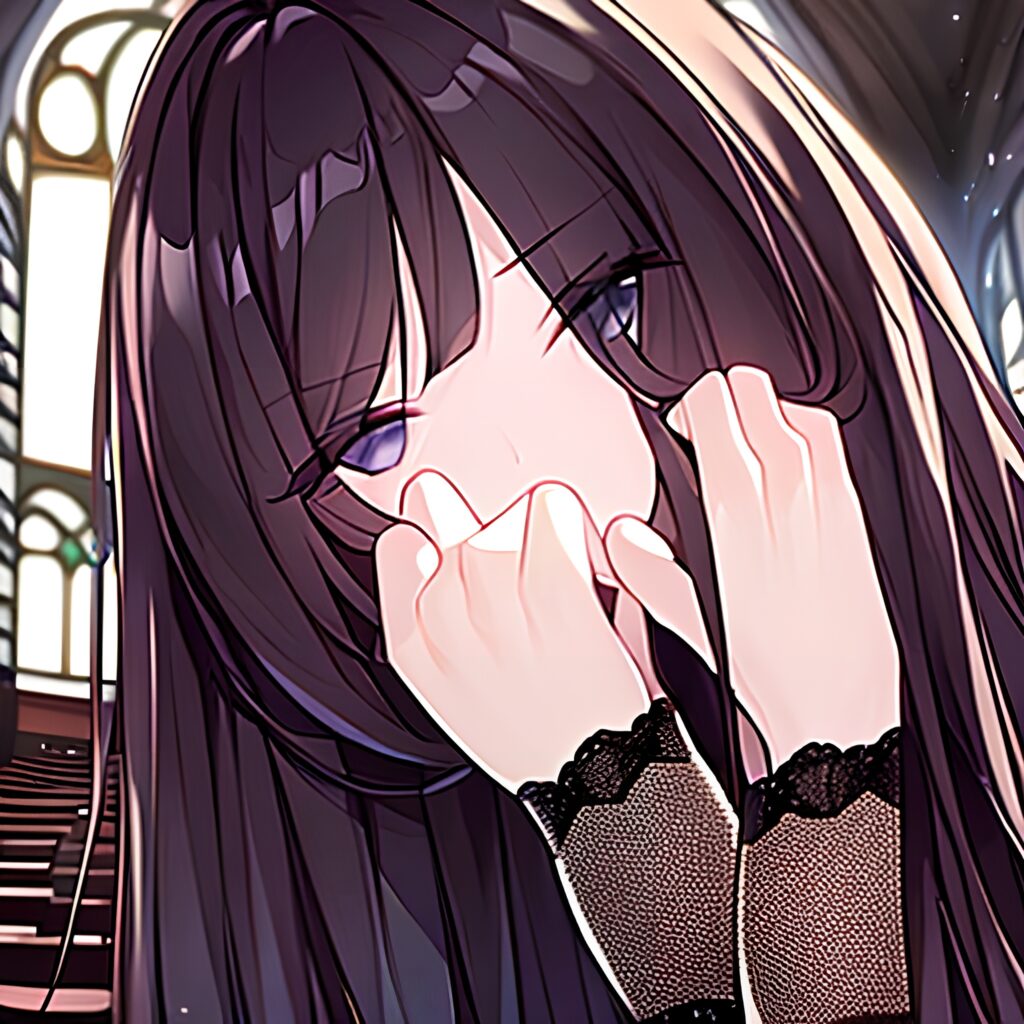 long hair messy hair brunette church woman fishnet 