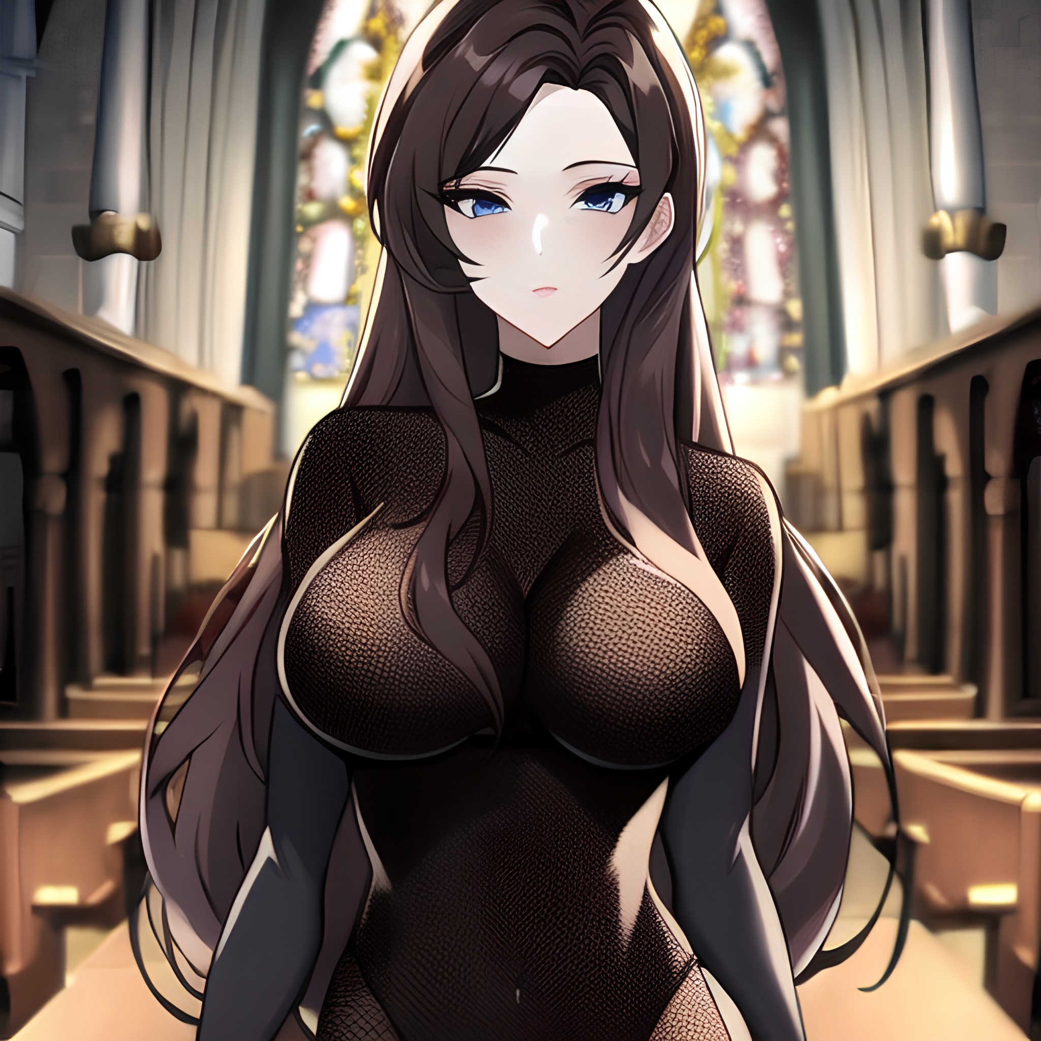 long hair messy hair brunette church woman fishnet 