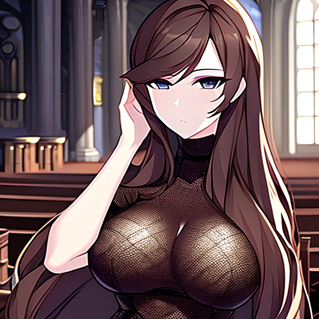 long hair messy hair brunette fishnet church woman 