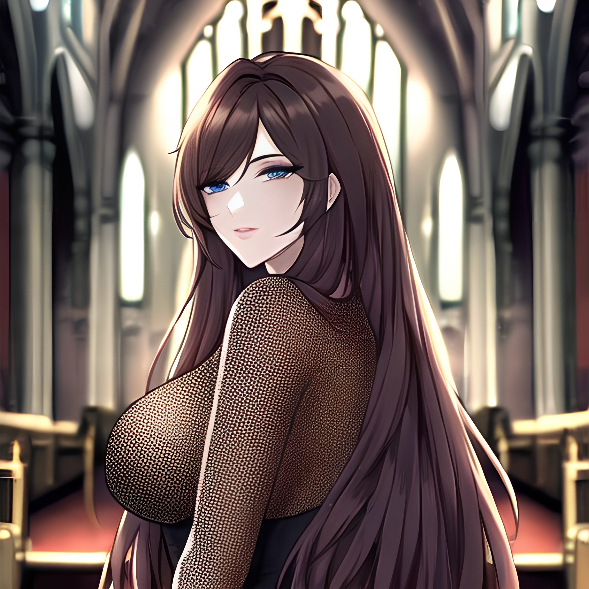 long hair messy hair brunette fishnet woman church 