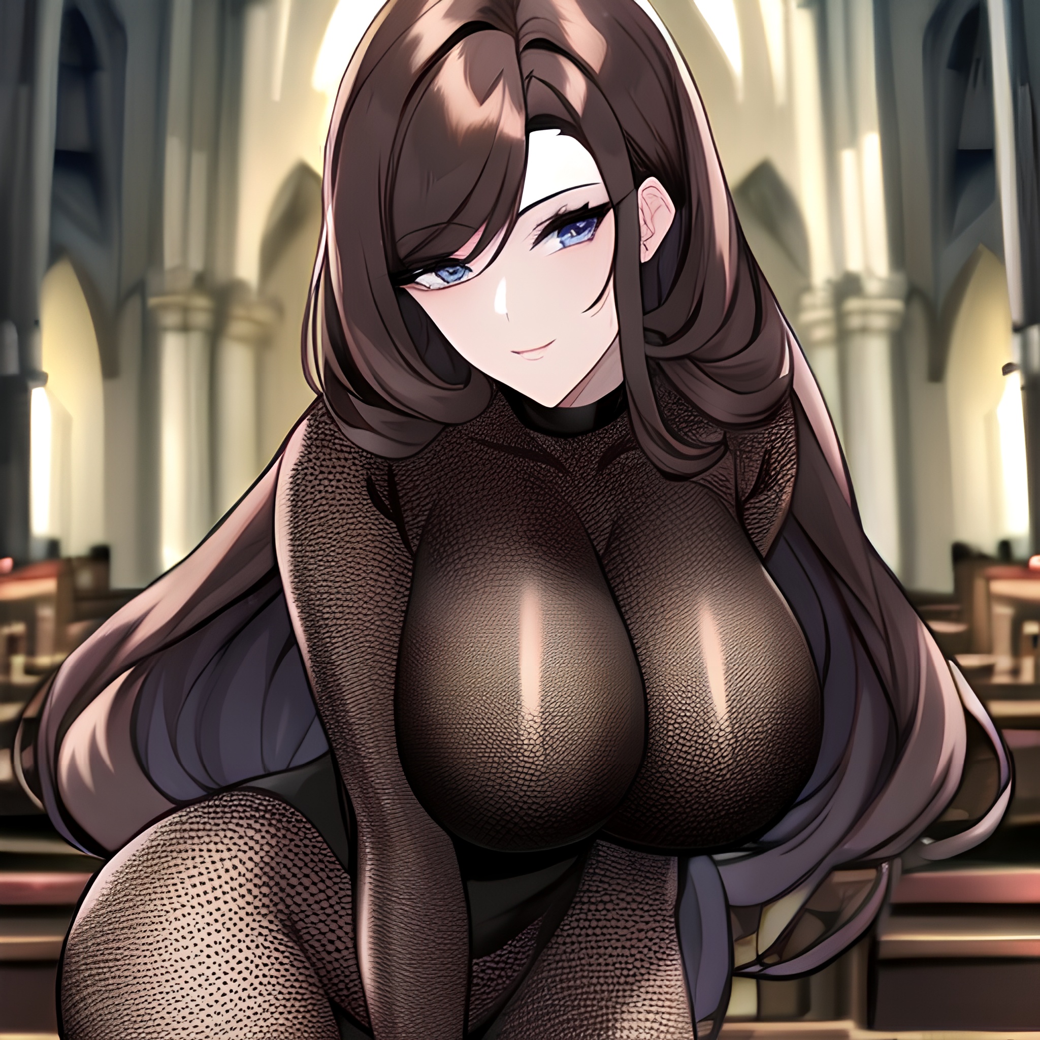 long hair messy hair brunette fishnet woman church