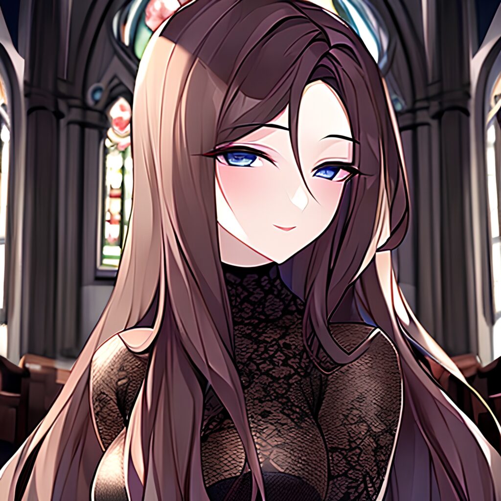 long hair messy hair brunette woman church fishnet 