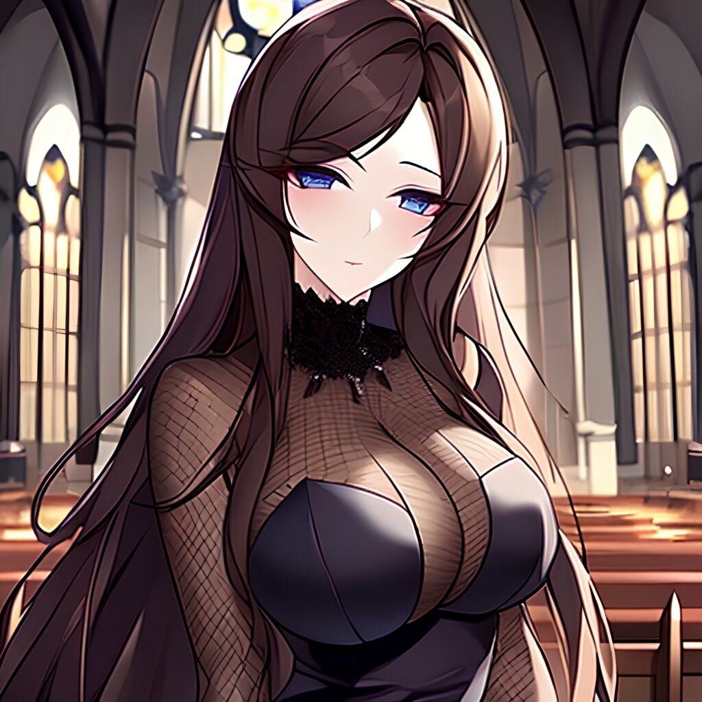 long hair messy hair brunette woman church fishnet 