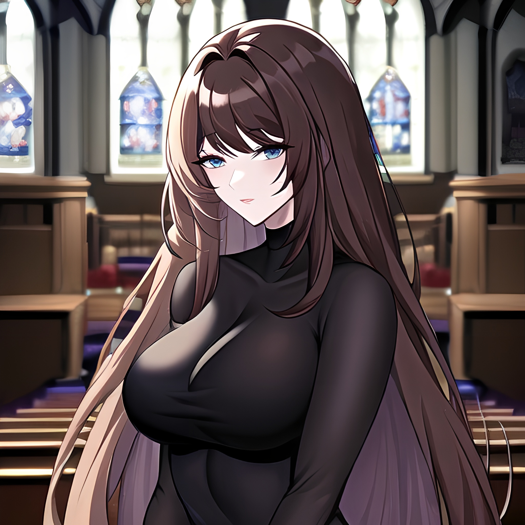 long hair messy hair brunette woman church fishnet 