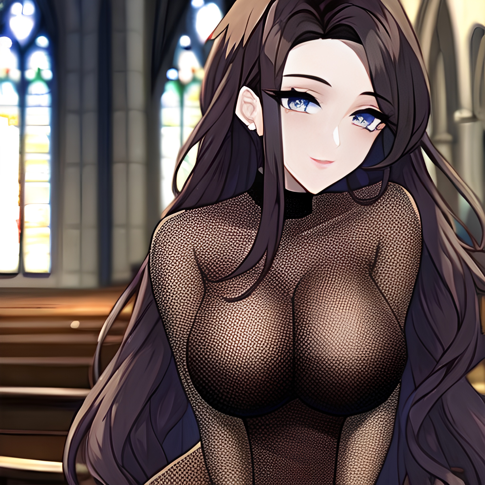 long hair messy hair brunette woman fishnet church 