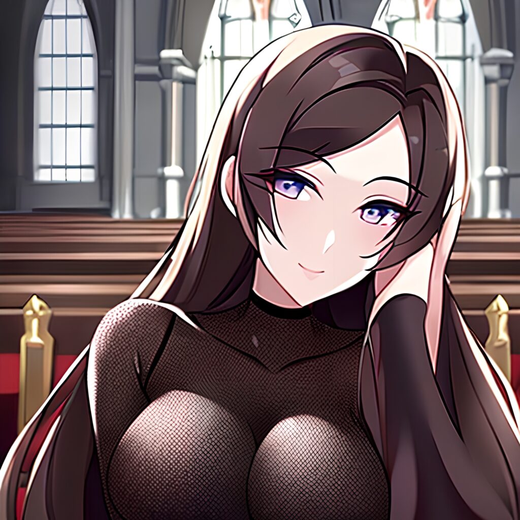 long hair messy hair church brunette woman fishnet 