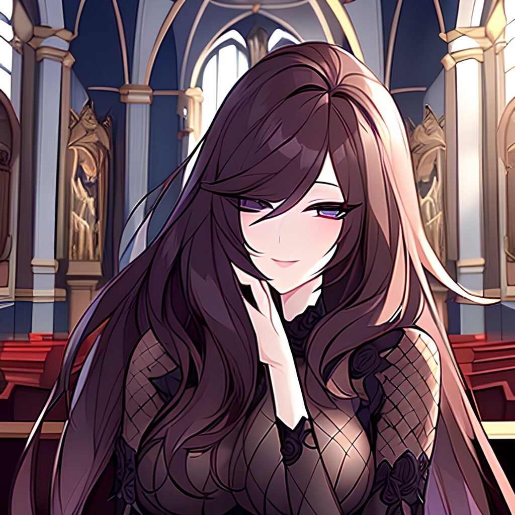 long hair messy hair church brunette woman fishnet 