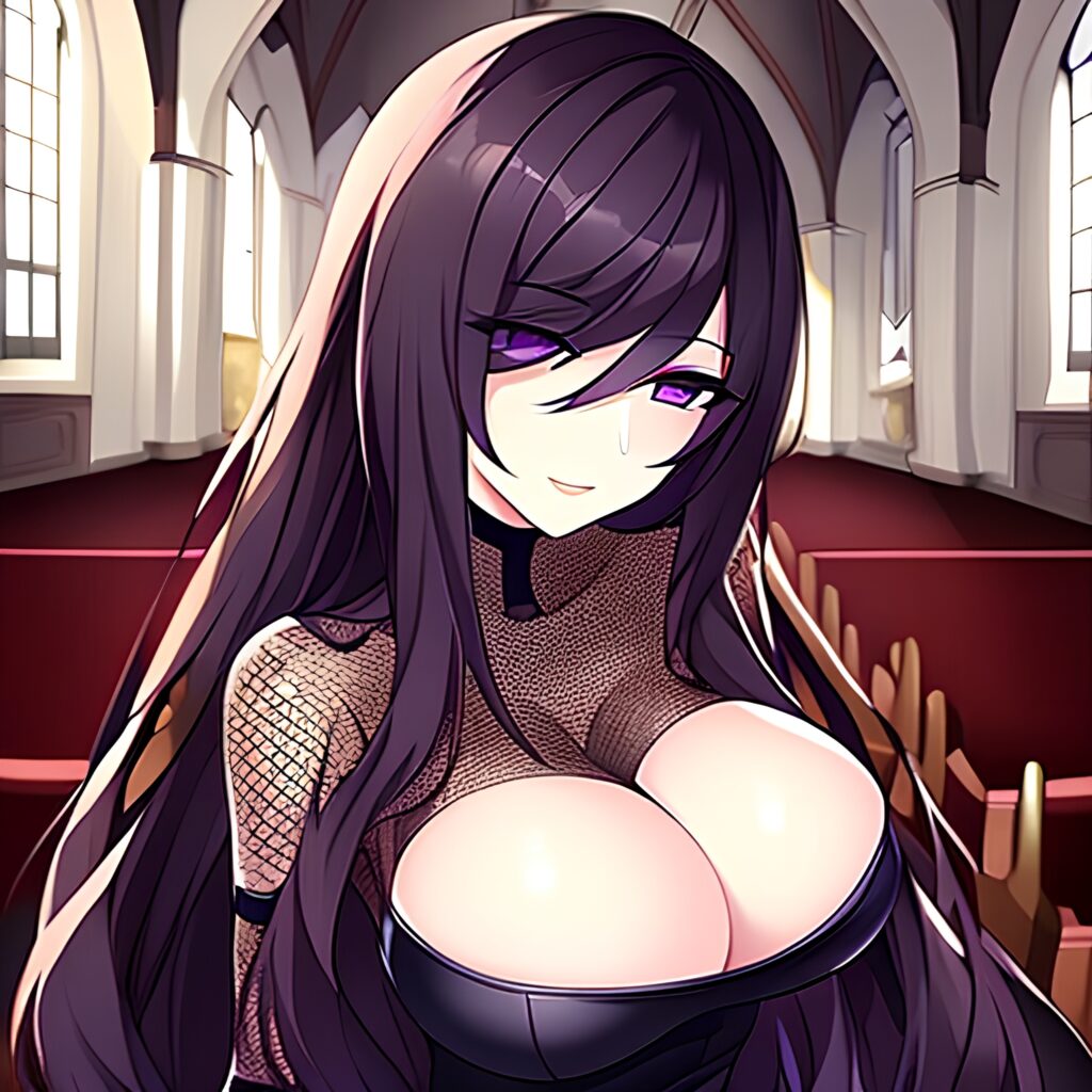 long hair messy hair church brunette woman fishnet 