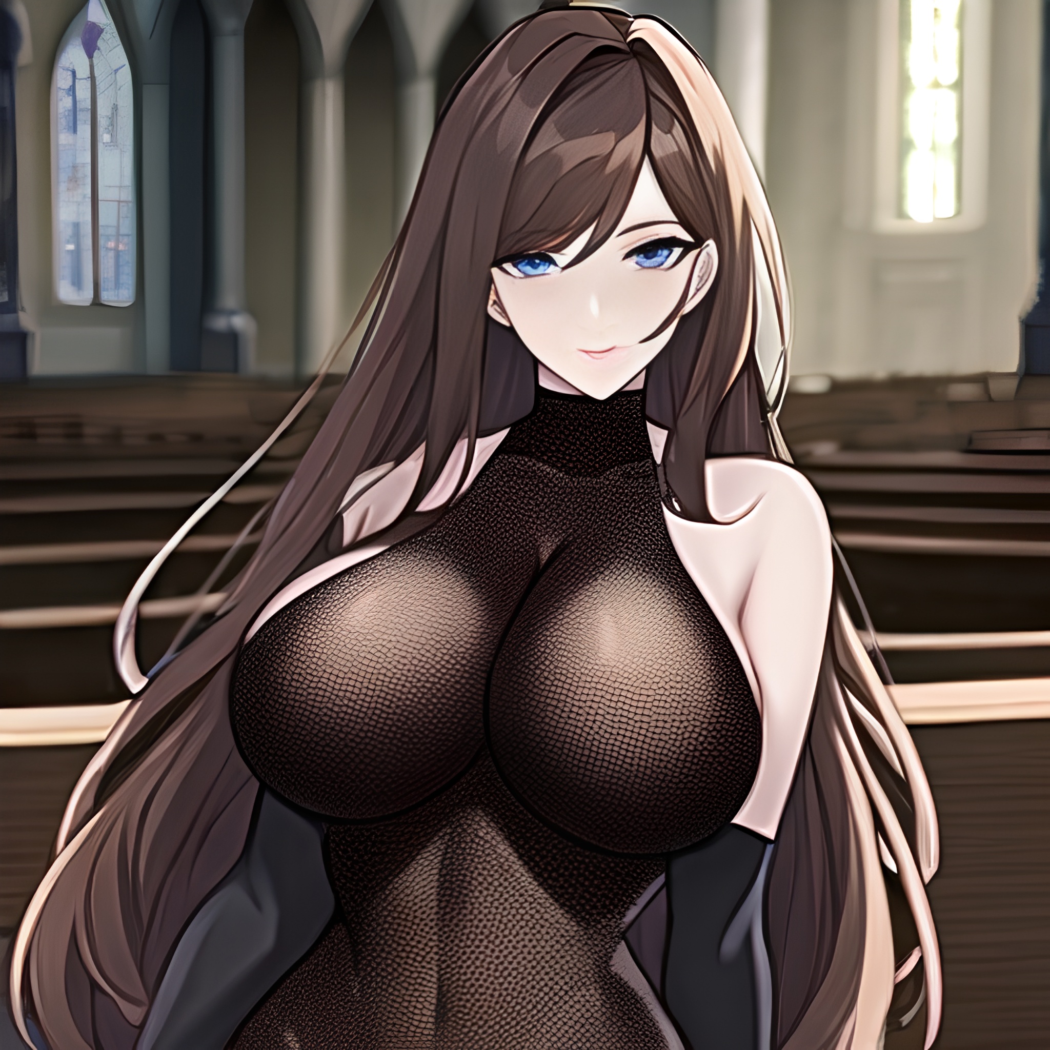 long hair messy hair church brunette woman fishnet 