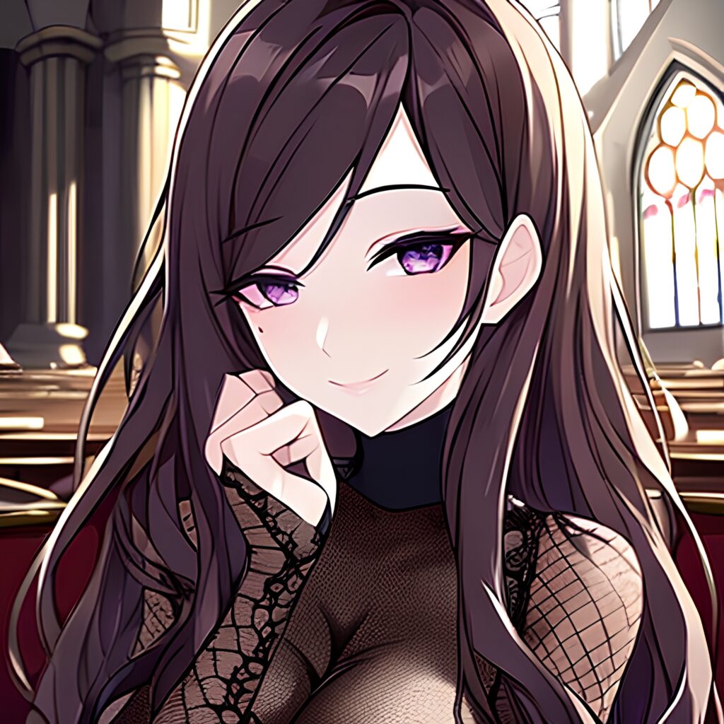 long hair messy hair church brunette woman fishnet 