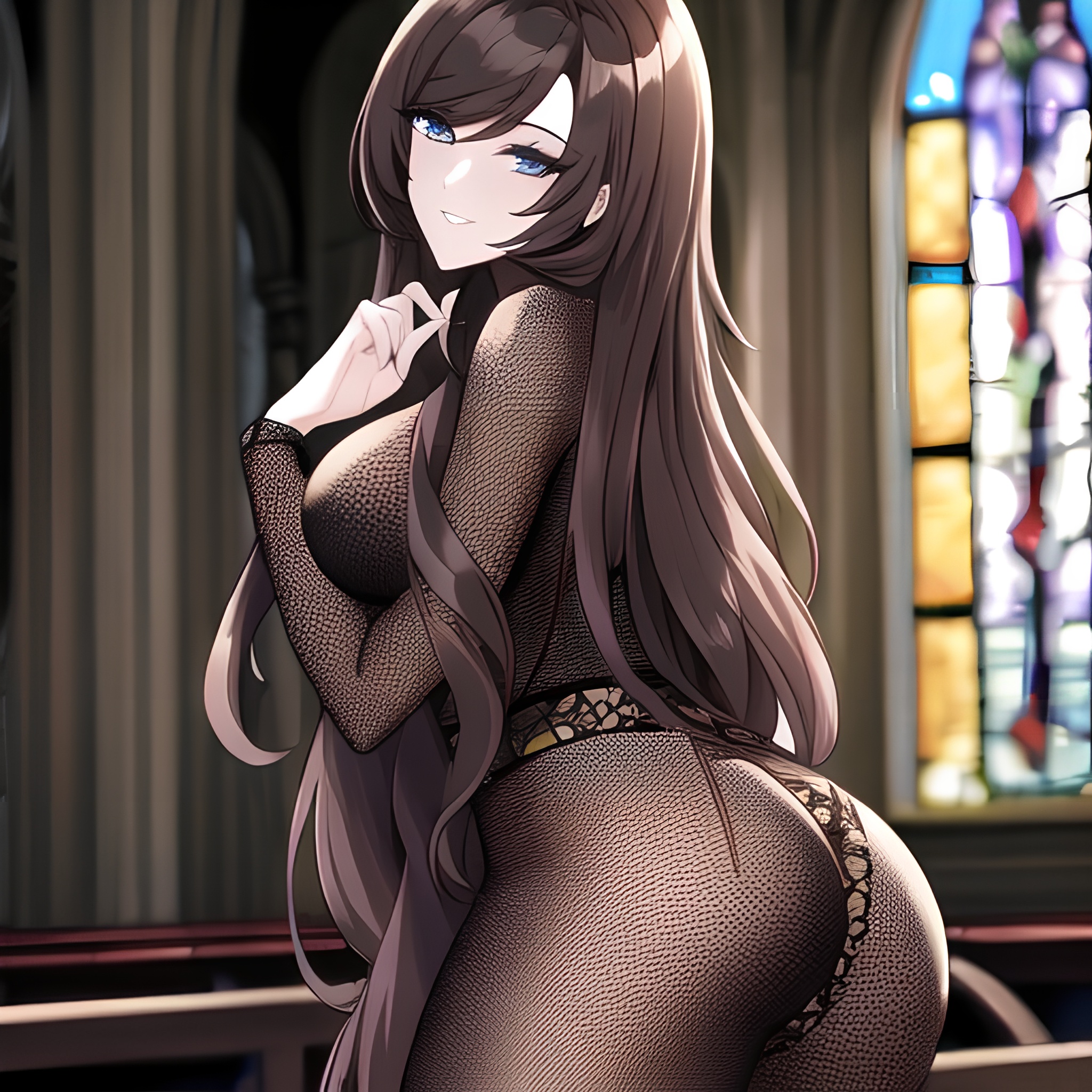 long hair messy hair church fishnet woman brunette 