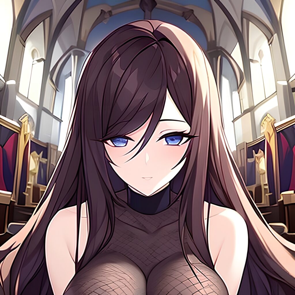 long hair messy hair church woman brunette fishnet 