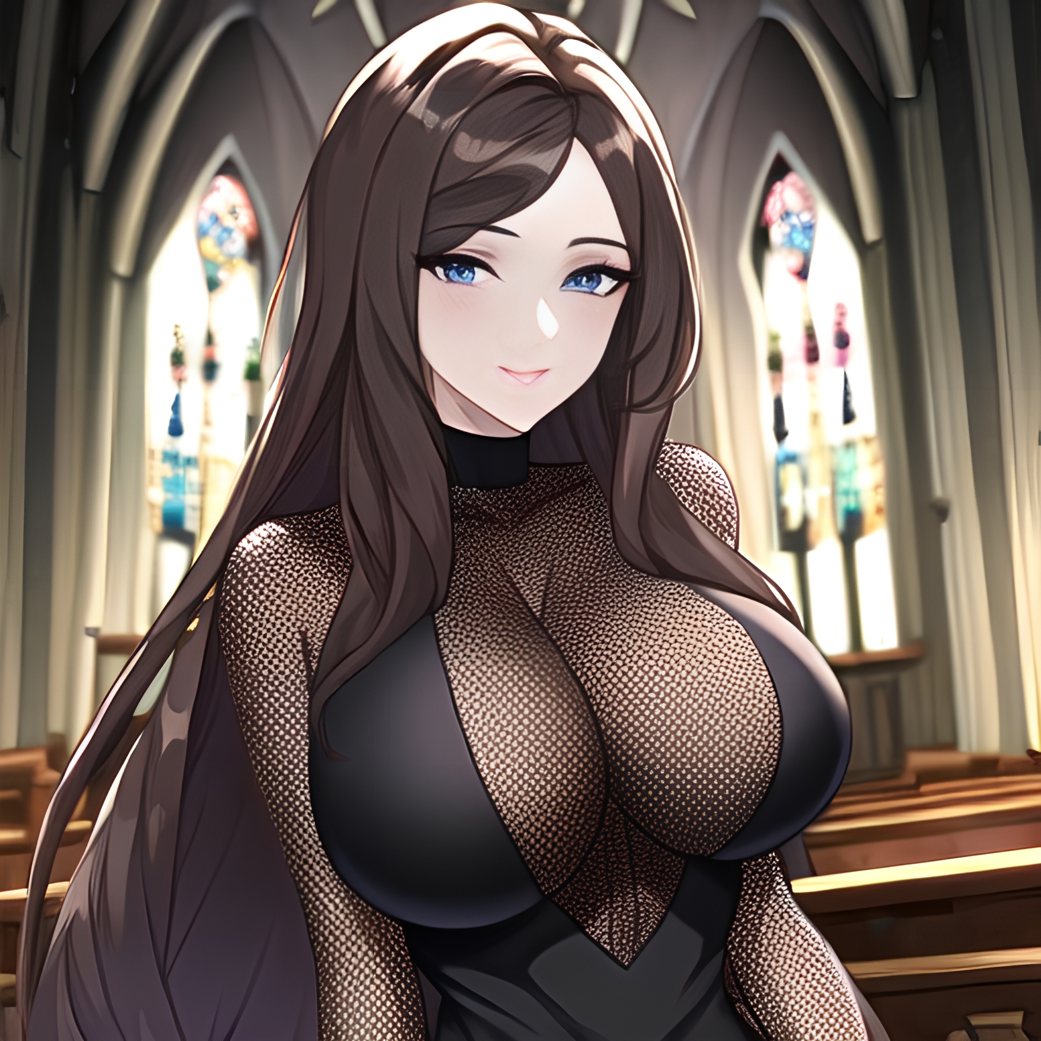 long hair messy hair church woman brunette fishnet 