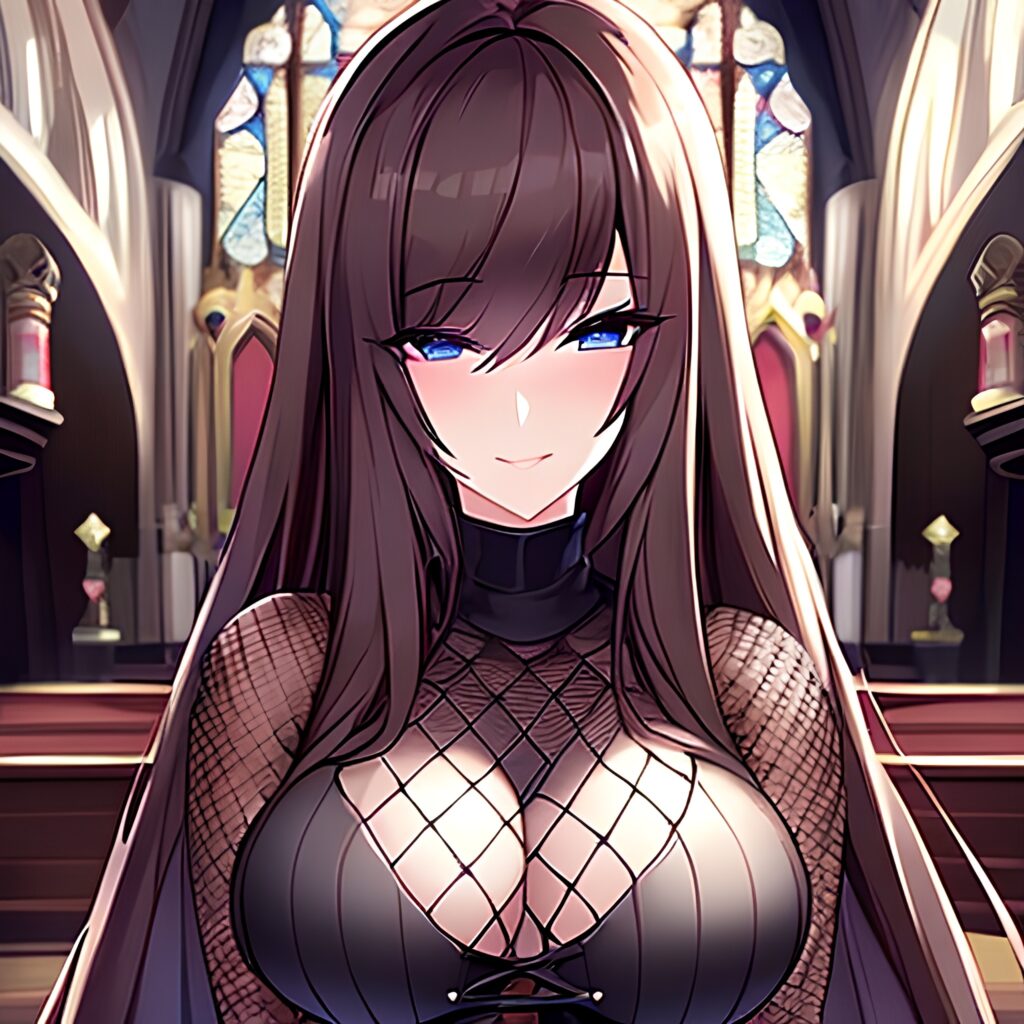 long hair messy hair church woman brunette fishnet 