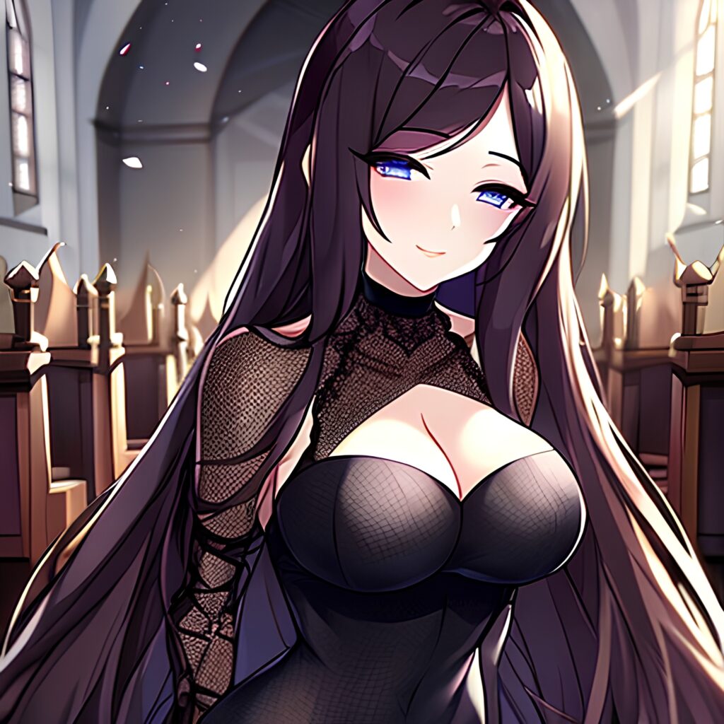 long hair messy hair church woman brunette fishnet