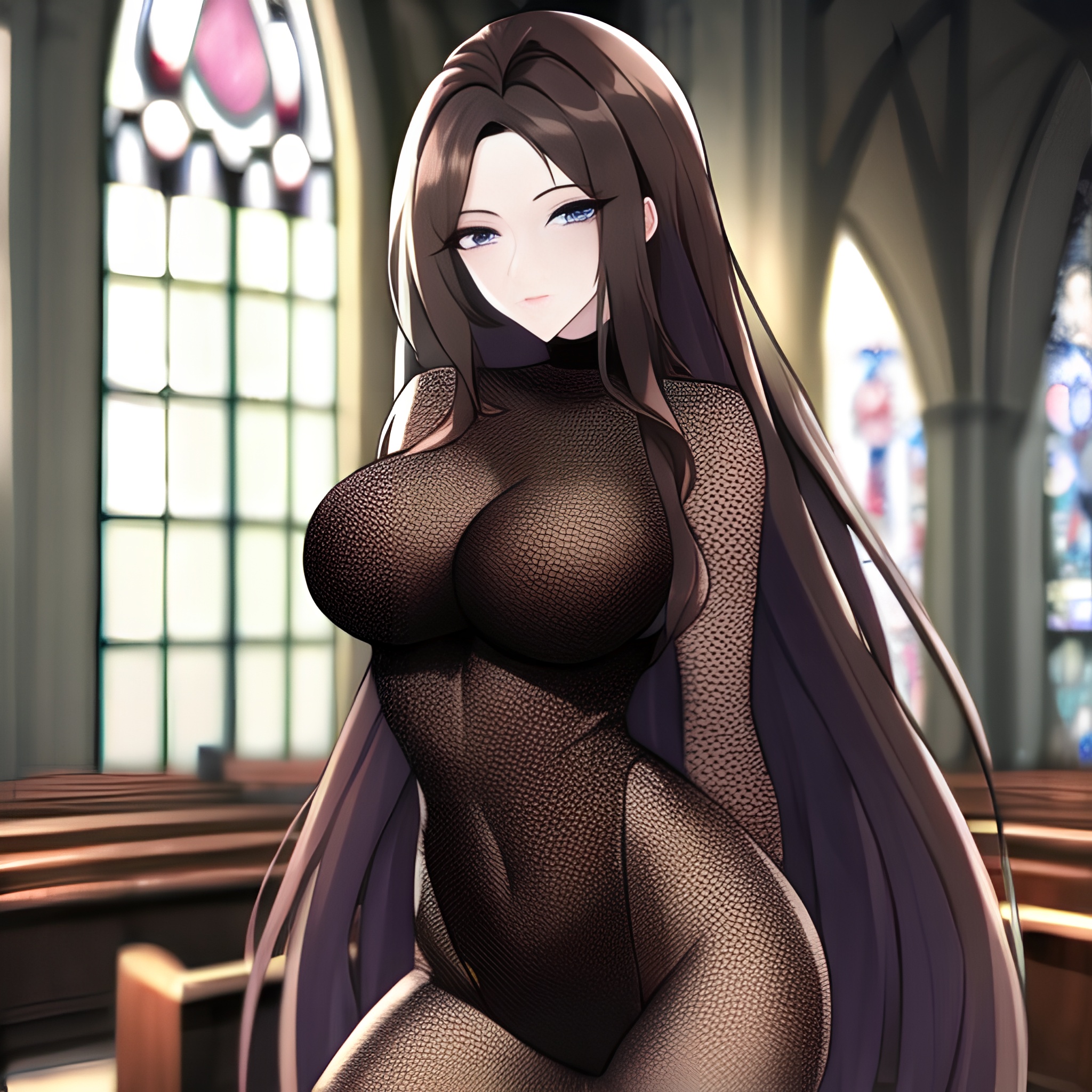 long hair messy hair church woman fishnet brunette 