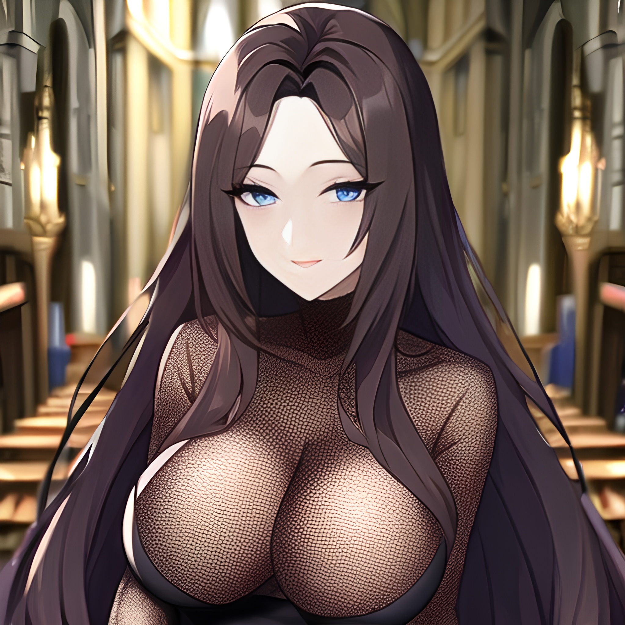 long hair messy hair church woman fishnet brunette 