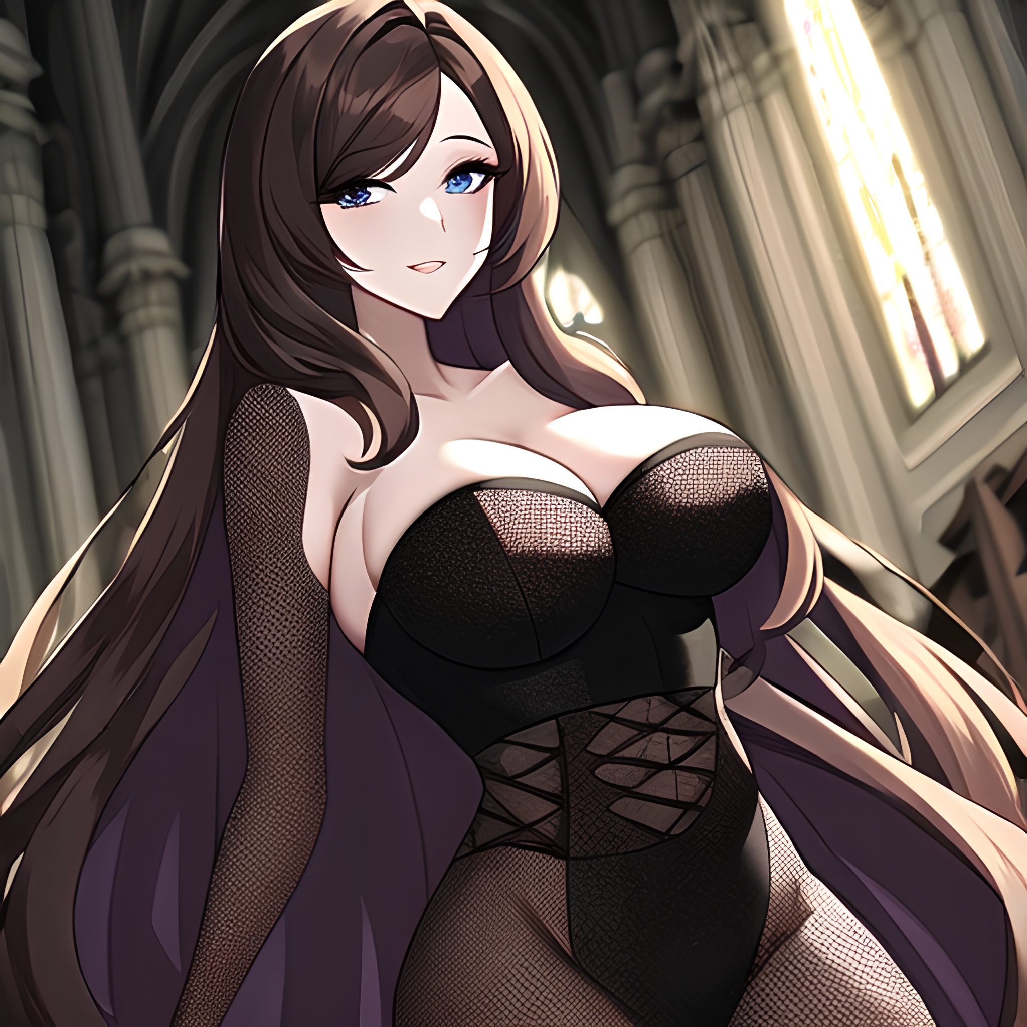 long hair messy hair fishnet brunette church woman 